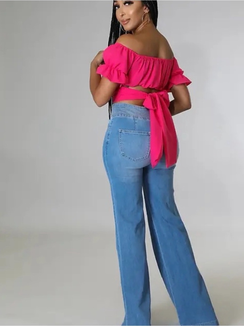 LYANER Hot Pink Off Shoulder Tie Back Crop Top L Puff Sleeve - Picture 2 of 8